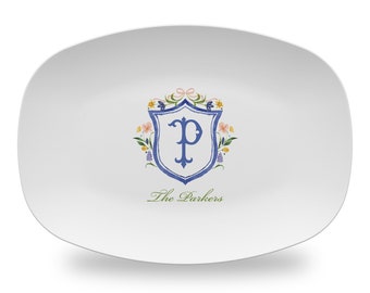 Watercolor Crest Serving Platter Plastic   |  Spring Personalized Platter |  Monogrammed Platter  |  Hostess Gift  |  Personalized Gift