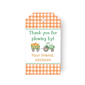 May include: A green tractor pulling a wagon full of pumpkins with the text "Thank you for plowing by! Your friend, Jackson" on a white background with orange and white gingham border.