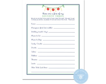Teacher's Favorites  Printable |  Teacher Favorites Instant Download  |  Teacher  Questionnaire  |  Get to Know the Teacher Printable