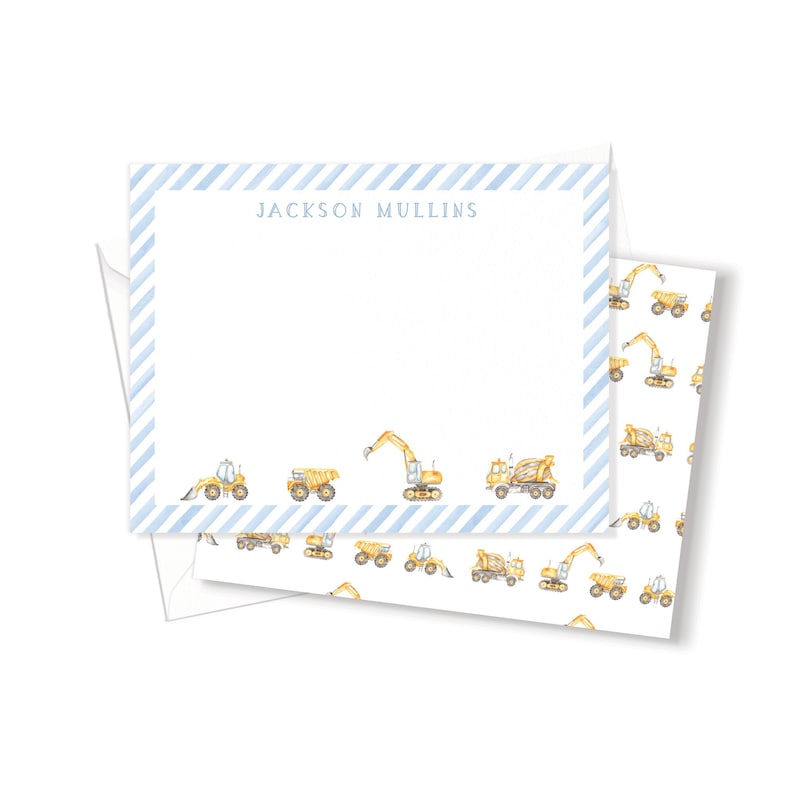 May include: A set of blue and white striped stationery with a yellow construction vehicle pattern on the back. The front of the stationery has the name "JACKSON MULLINS" printed in black.