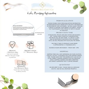 May include: A pink and white graphic with the text "Honey Bee Gift Co. Order Processing Information". The graphic includes information about personalization, proof, production, shipping, and questions. The graphic also includes icons of a shield, a box, and a delivery truck.