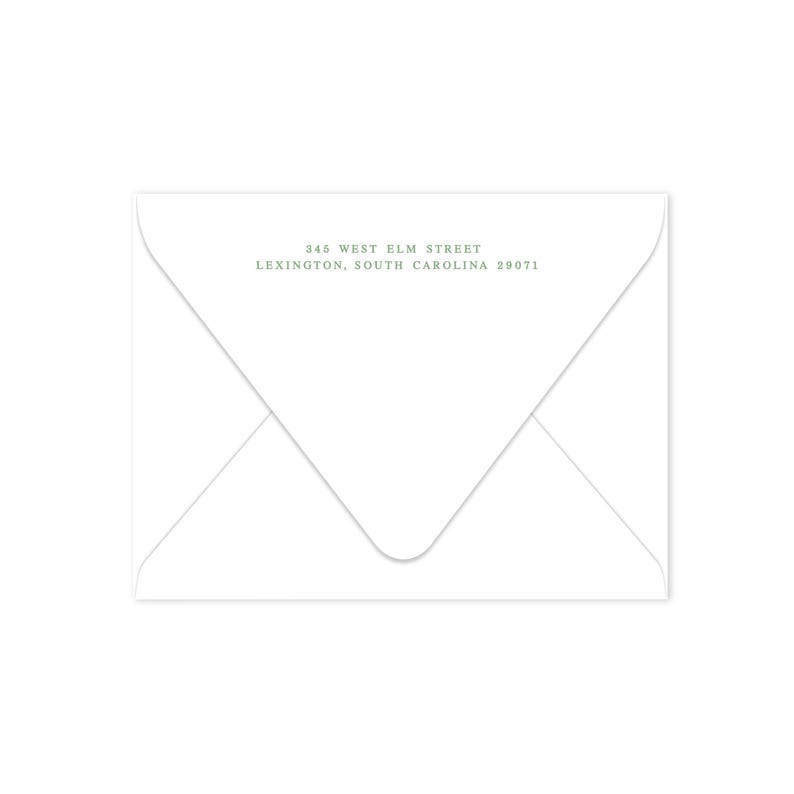 May include: A white envelope with a folded flap, featuring the address "345 West Elm Street, Lexington, South Carolina 29071" in a green, serif font. The envelope is blank, with a simple, clean design.