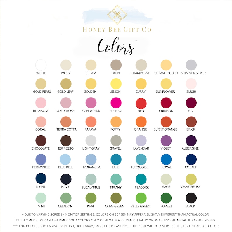 Op de afbeelding: Een kleurenkaart met namen voor elke kleur. De kleuren zijn gerangschikt in rijen en kolommen. De kaart is getiteld "Honey Bee Gift Co. Colors".