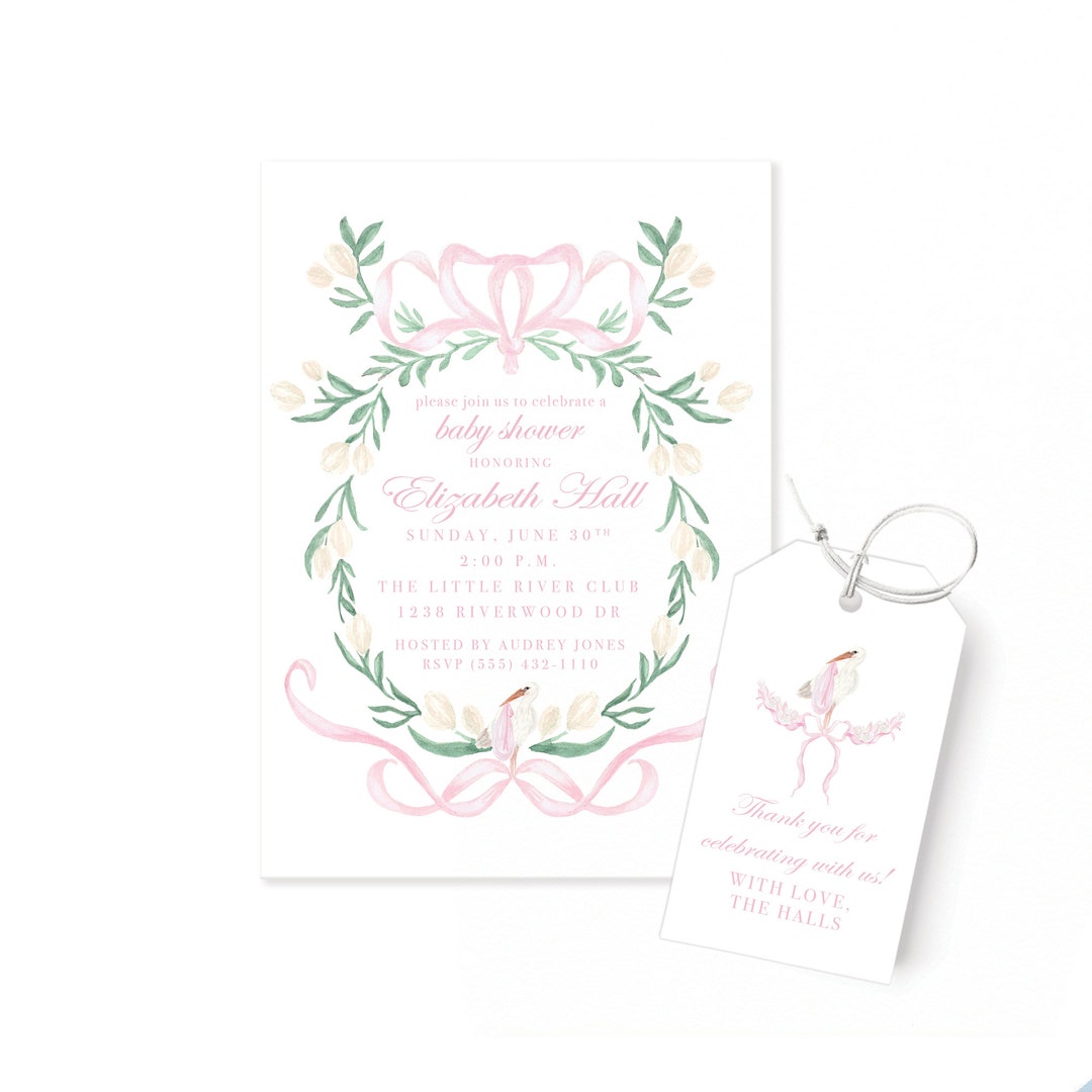 Baby Girl Shower Invitations Watercolor Crest and Stork Etsy
