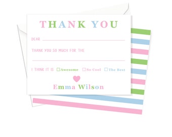 Girls Thank You Notecards   | Thank you notes for Kids  |   Fill in the blank thank you Notes  |  Girls Personalized Notecards