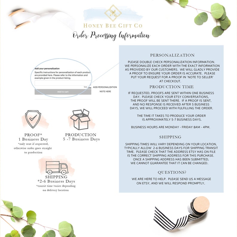 Puede incluir: Un gr&aacute;fico rosa y blanco con el texto "Honey Bee Gift Co. Informaci&oacute;n de procesamiento de pedidos". El gr&aacute;fico incluye informaci&oacute;n sobre personalizaci&oacute;n, prueba, producci&oacute;n, env&iacute;o y preguntas. El gr&aacute;fico tambi&eacute;n incluye iconos de un escudo, una caja y un cami&oacute;n de reparto.