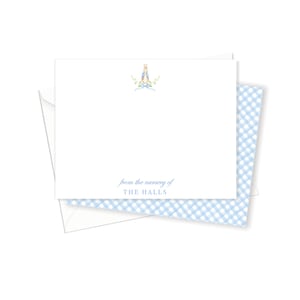 May include: A white card with a blue gingham pattern on the back. The front of the card features a small illustration of a rabbit in a blue jacket with a blue bow tie. The text "from the nursery of THE HALLS" is printed at the bottom of the card.