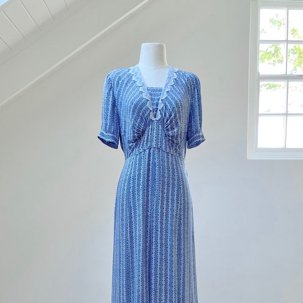 1930's Indigo Blue and White Micro Floral Rayon Day Dress