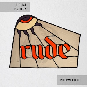 Może przedstawiać: Projekt witrażu ze słowem "rude" w kolorze pomarańczowym. Projekt przedstawia oko z wzorem słońca oraz tekstami "DIGITAL PATTERN" i "INTERMEDIATE". Grafika jest umieszczona na neutralnym tle.