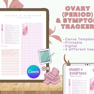 May include: A printable and digital ovary and period tracker template with a pink and white grid. The template includes a list of symptoms to track, such as spotting, light flow, medium flow, heavy flow, cramps, nausea, vomiting, headache, migraine, fatigue, back pain, bloating, and food cravings. The template is designed to be used in Canva.