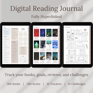Puede incluir: Tres tabletas que muestran un diario de lectura digital. El texto "Digital Reading Journal Fully Hyperlinked" está en la parte superior. Las tabletas muestran portadas de libros, rastreadores de lectura y un diseño de estantería. El texto "Track your books, goals, reviews, and challenges" está en la parte inferior.