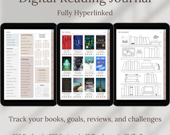 May include: Three tablets displaying a digital reading journal. The text "Digital Reading Journal Fully Hyperlinked" is at the top. The tablets show book covers, reading trackers, and a bookshelf layout. The text "Track your books, goals, reviews, and challenges" is at the bottom.