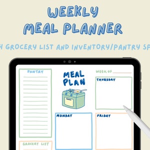 May include: A digital weekly meal planner on a tablet with a green and blue illustration of a stove and a frying pan. The planner includes sections for a grocery list, pantry inventory, and meal planning for Monday, Thursday, and Friday.