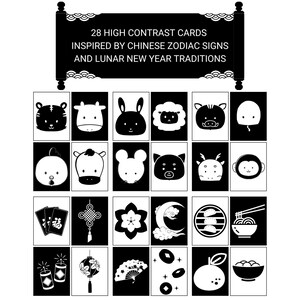 Printable Chinese Zodiac, Lunar New Year High Contrast Newborn Baby Cards, Chinese New Year, Black White Picture Cards for Newborn Eyesight