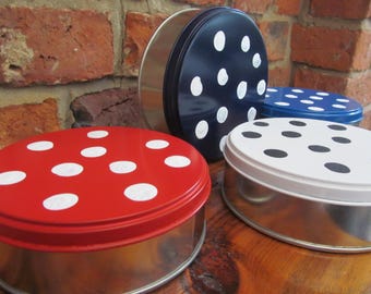 Set of 4 Vintage Refurbished Round Tins, Metal Tins, Refurbished Metal Tins, Workshop Storage, Craft Room Storage, Tins, Spotty Tin Gifts