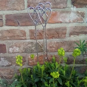 May include: Metal garden stakes with heart-shaped tops stand in front of a brick wall. The stakes are placed among green plants with small, yellow-green flowers. The brick wall has a reddish-brown colour.