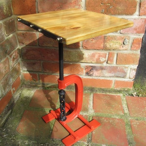 Upcycled Vintage G Clamp Plant Stand or Small Side Table (Red), Indoor Gardening, Man Cave Decor, Garden Table, Plant Stand,  Upcycled Decor