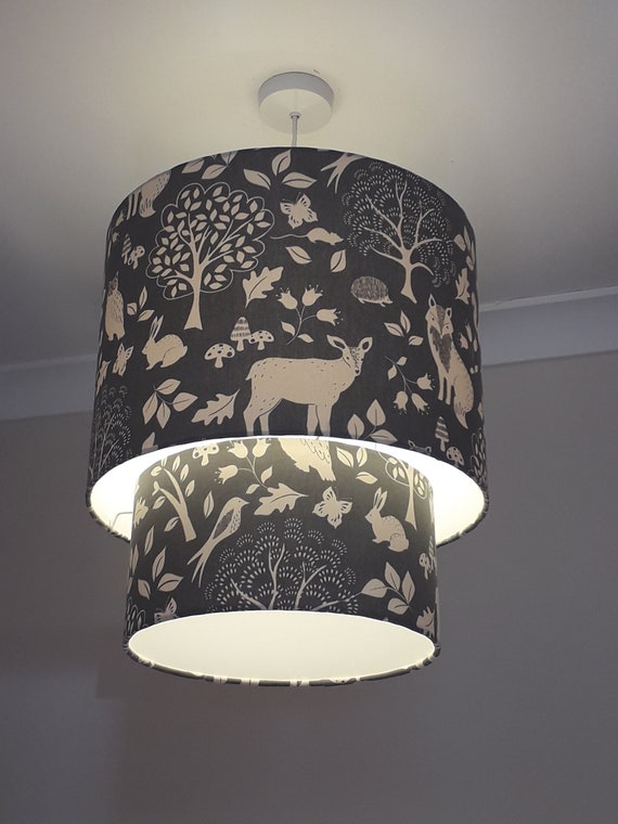 Tiered Fabric Lampshade With Woodland Animal Theme Handmade - Woodland Themed Ceiling Light