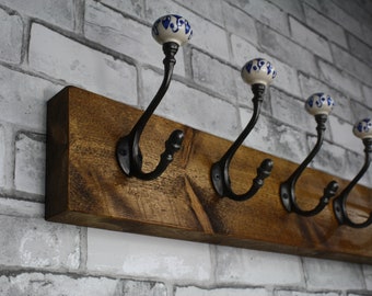 Rustic redwood timber coat rack handmade in your choice of wax finish, hooks and length.