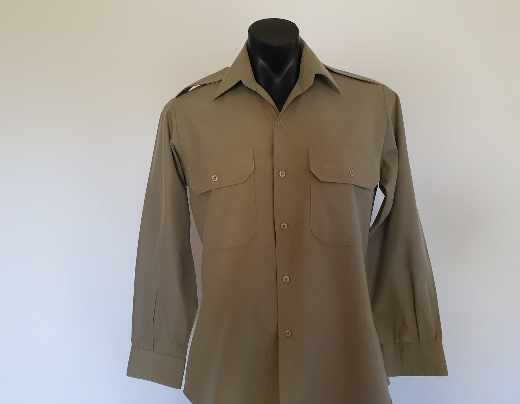 Khaki Army Shirt Shirt With Epaulettes Military Uniform L Etsy