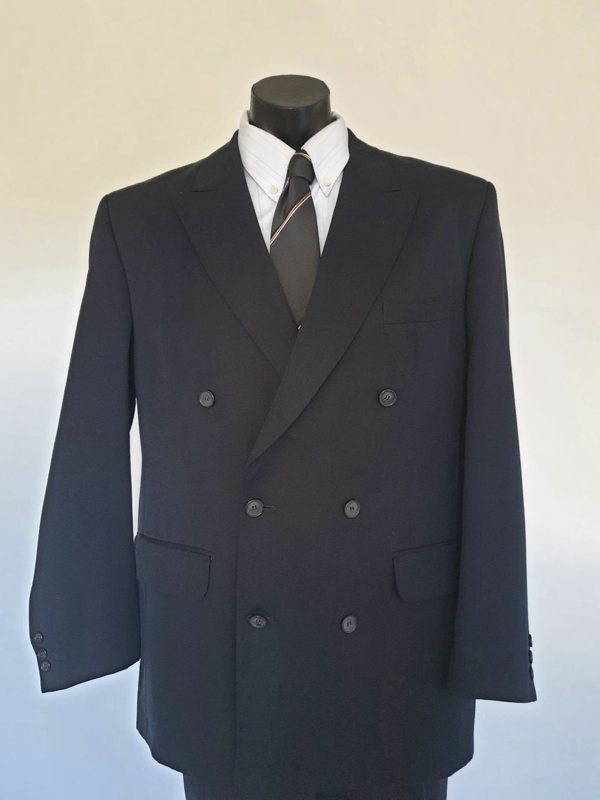 Navy Blue Double-breasted Gabardine Suit Jacket by Fletcher