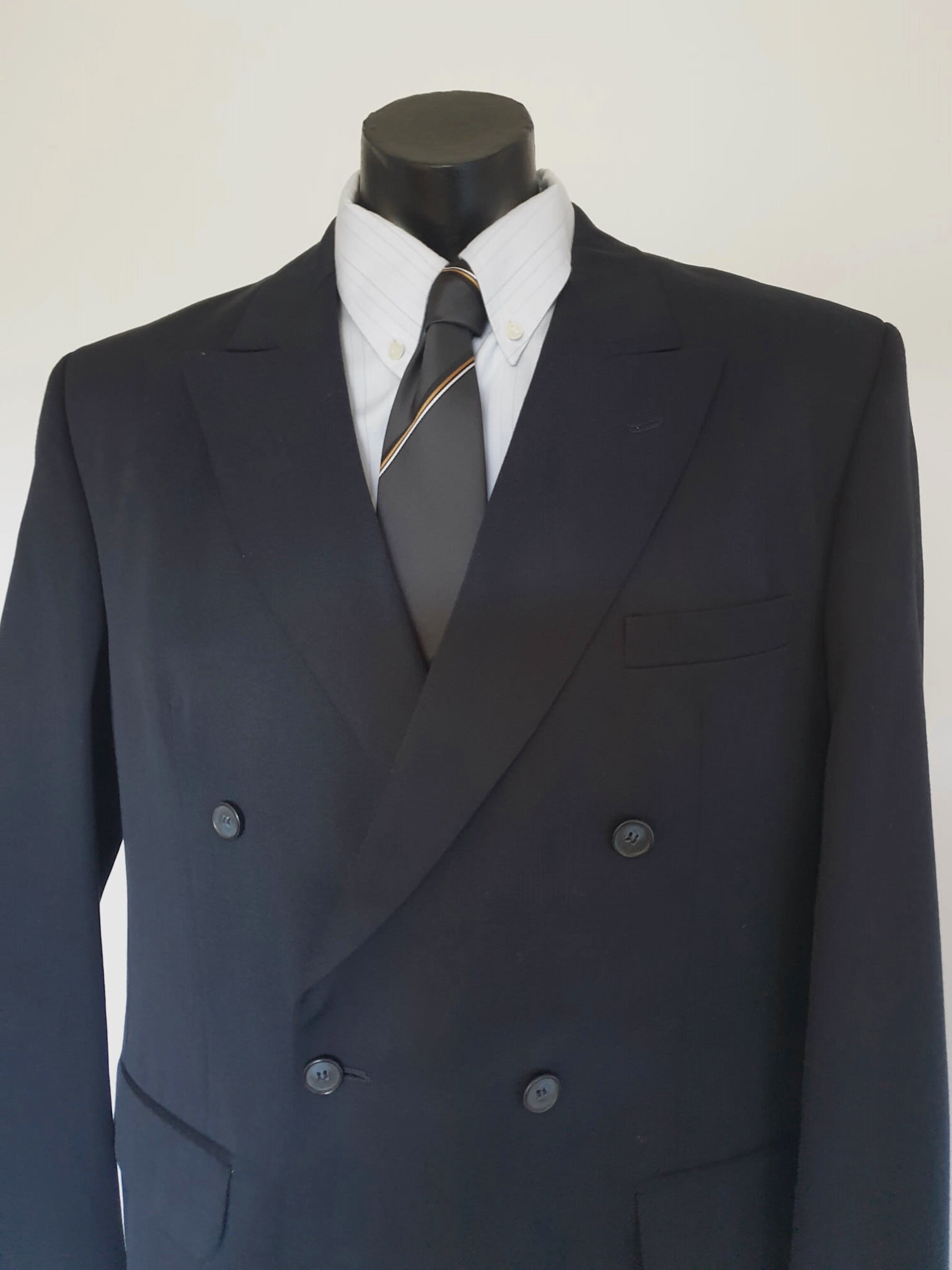 Navy Blue Double-breasted Gabardine Suit Jacket by Fletcher Jones Size ...
