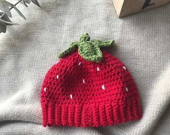 Handmade Strawberry Hat ~ Baby Beanie ~ 100% Cotton ~ Newborn to 3yo ~ Girl Costume ~ Photo Prop ~
