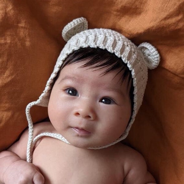 NEWBORN PROPS ~ Baby Bear Hat ~ Baby Shower Gift ~ Baby Boy Girl ~ Birth Announcement ~ Knitted Baby Bonnet ~