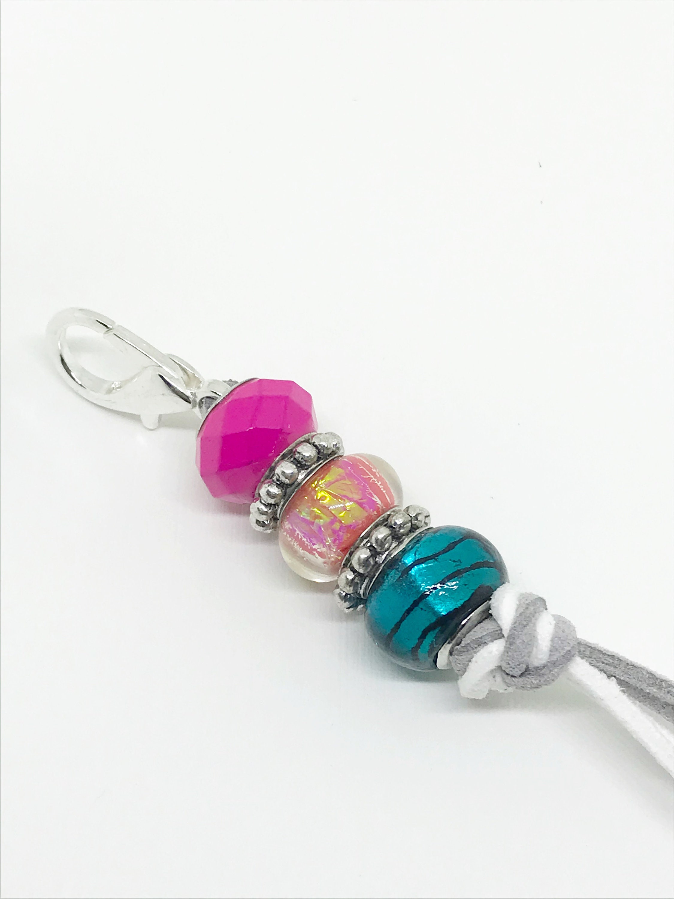 Beaded Keychain Glass Bead Keychain Keychain Pink and Teal Etsy