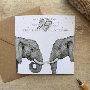 Carte d'anniversaire de mariage en argent personnalisée|Carte 25e anniversaire de mariage|Carte 25e anniversaire|25 ans|Carte éléphant|Carte de félicitations