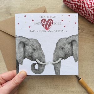 Carte personnalisée d'anniversaire de mariage rubis|Carte 40e anniversaire de mariage|Carte 40e anniversaire|40 ans|Éléphant|Carte de félicitations|Quarante