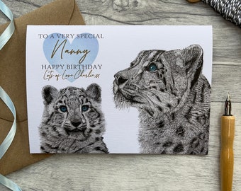 Personalised Birthday Card|Animal Birthday card|Nanny Birthday card|Grandma Card|Granny Card|Snow Leopard|Happy Birthday Card|Nan Card|Cute