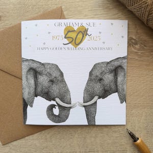 Carte d'anniversaire de mariage dorée personnalisée|Carte 50e anniversaire de mariage|Carte 50e anniversaire|50 ans|Éléphant|Carte de félicitations|Or