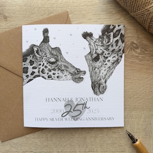 Carte d'anniversaire de mariage personnalisée en argent, carte du 25e anniversaire de mariage, carte du 25e anniversaire, 25 ans, girafe, félicitations, amour