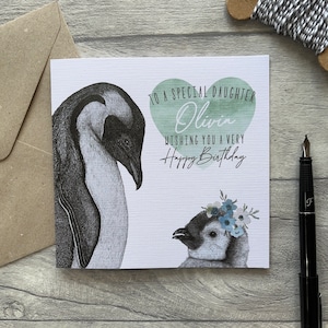 Carte d'anniversaire fille personnalisée, carte fille, carte pour fille, belle-fille, carte d'anniversaire personnalisée, carte pingouin, animal