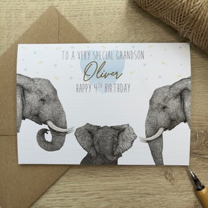 Carte d'anniversaire personnalisée de petit-fils|Carte de petit-fils|Carte pour petit-fils|Carte d'anniversaire personnalisée|Carte d'âge|Pour garçon|Éléphant|Spécial petit-fils