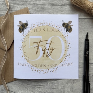 Carte d'anniversaire de mariage dorée personnalisée|Carte 50e anniversaire de mariage|Carte 50e anniversaire|50 ans|Abeille|Carte de félicitations|Bourdon