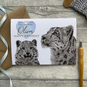 Carte d'anniversaire petit-fils personnalisée|Carte d'anniversaire petit-enfant|Carte pour petit-fils|Carte pour garçon|Carte joyeux anniversaire|Carte mignonne|Carte léopard des neiges