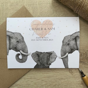 Carte future maman personnalisée|Carte futurs parents|Carte grossesse|Carte baby shower|Petite fille|Rose|Carte de félicitations|Éléphant|Bébé