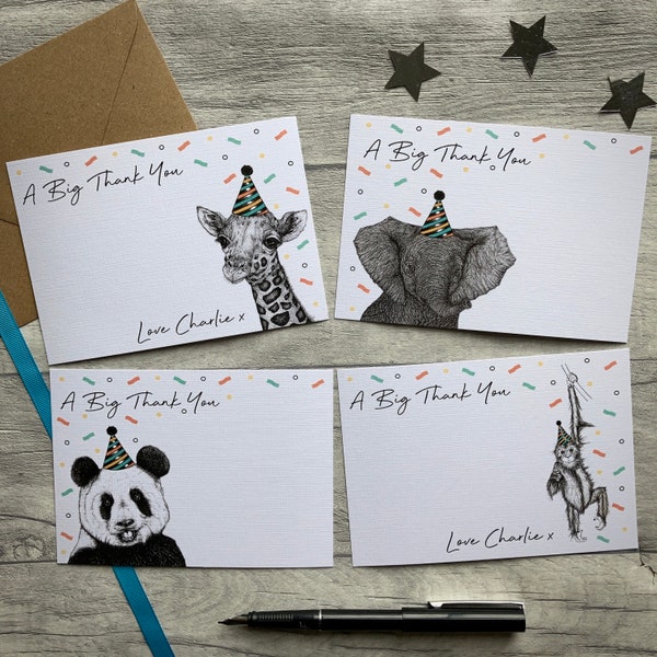 Personalised Thank You Note Cards, Thank You Postcards, Thank You Cards, Thank You Note, Kids Thank You Cards, Birthday, Animal, Cute