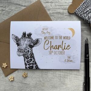 Carte de naissance, Carte de naissance personnalisée, Carte pour un nouveau-né, Carte de naissance, Carte de félicitations, Petit garçon, Petite fille, Nouveaux parents, Girafe