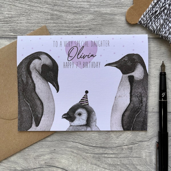 Personalised Daughter Birthday Card|Daughter Card|Card For Daughter|Personalised Birthday Card|Age Card|Penguin Card|For Her|For Girl|Child