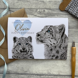 Carte d'anniversaire personnalisée petite-fille|Carte petite-fille|Carte pour petite-fille|Carte d'anniversaire personnalisée|Carte léopard des neiges|Carte animal