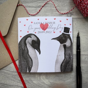 Carte de mariage personnalisée, carte de mariage de félicitations, carte de nouveaux mariés, carte de voeux de mariage, carte de pingouin, carte de jeunes mariés