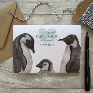 Carte personnalisée pour nouveau-né, Carte de bienvenue dans le monde, Carte de nouvel arrivant, Carte de félicitations, Carte de bébé, Carte de nouveaux parents, Carte de pingouin