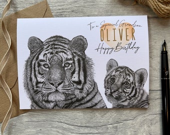 Personalised Grandson Birthday Card, Grandchild Birthday Card, Card For Grandson, Card For Boy, Happy Birthday Card, Cute Card, Tiger Card