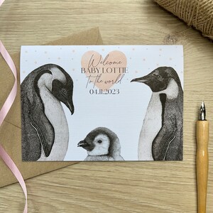 Carte personnalisée pour nouveau-né|Carte de bienvenue dans le monde|Carte de nouvel arrivant|Carte de félicitations|Carte de bébé|Carte de nouveaux parents|Carte de bébé fille|Pingouin