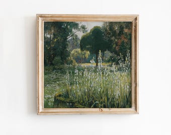 Vintage Summer Garden Square Art Print: Cottagecore Floral Painting