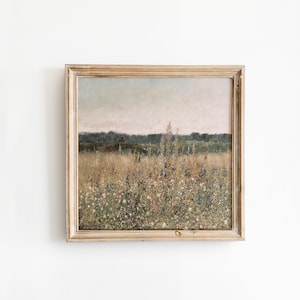 Wildflower Field Landscape Oil Painting Print: Vintage Country Wall Art