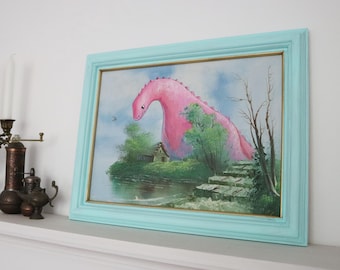 Pink Dinosaur Altered Art, Upcycled Thrifted Painting, Pop Surreal Wall Decor